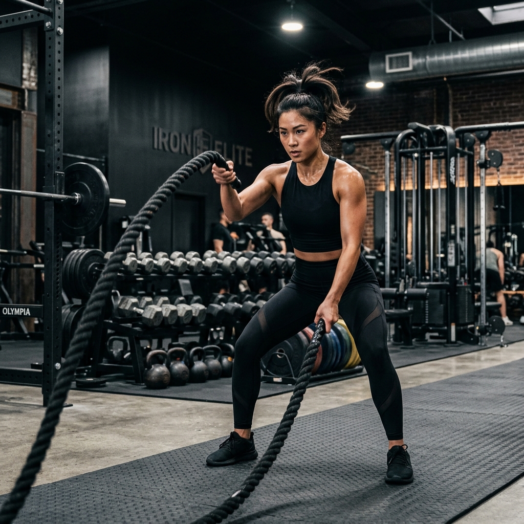 Athletic Asian female performing battle rope training in a premium gym